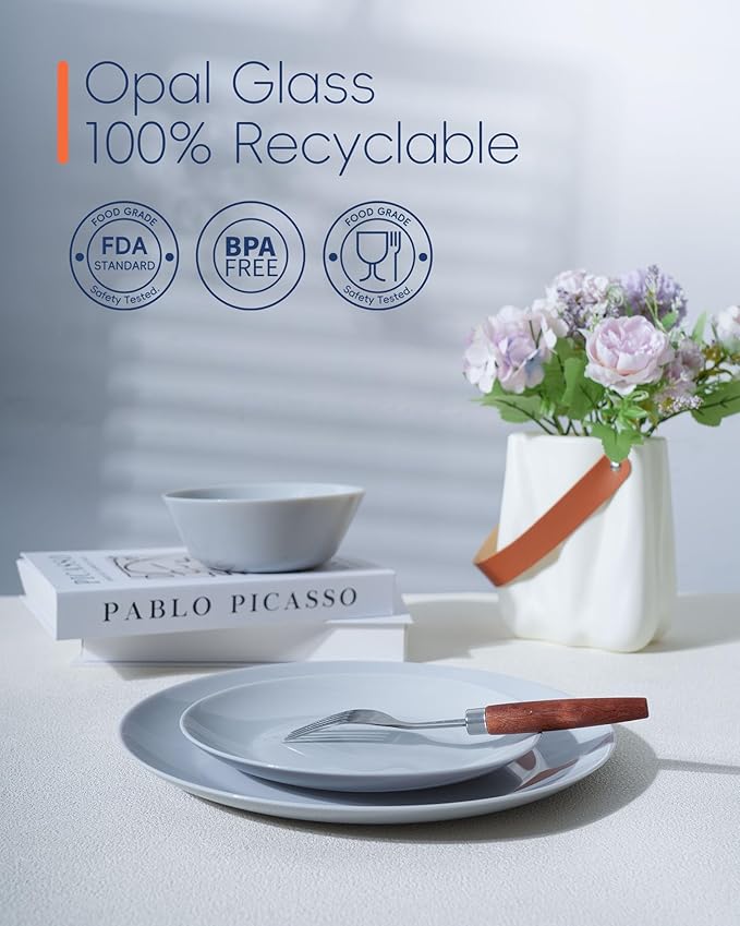 10.5 inch Dinner Plate Set of 6, Lightweight Round Opal Glass Grey Dinnerware Plates, Dishwasher and Microwave Safe