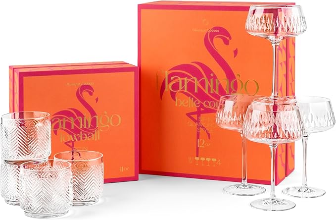 Vintage Flamingo Lowball Cocktail Glasses for Drinking Gin, Rum, Vodka, Whiskey Bar Drinks | Set of 4 | 11 oz Stackable Thick Crystal Short Tumblers | Tropical Glassware Collection