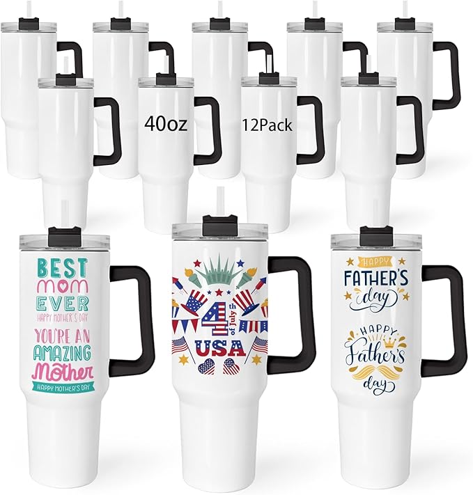 40 oz Sublimation Tumblers with Black Handle Lid and Straw 12 Pack Stainless Steel Double Wall Vacuum Insulated Travel Mug Cup Bulk Sublimation Blank for DIY Gift