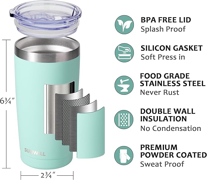 SUNWILL Travel Coffee Tumbler 20 oz, Insulated Mug with Lid, Stainless Steel Cup for Outdoor, Powder Coated Mint