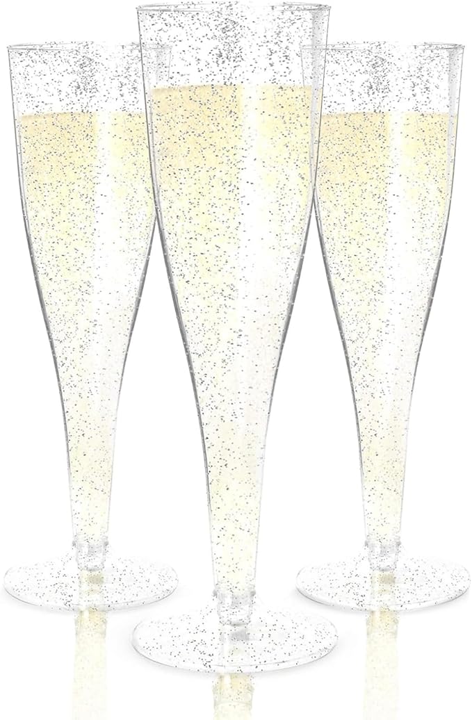 Prestee 200 Disposable Champagne Flutes Plastic 200 Pack - Silver Glitter Champagne Flutes for Weddings, Parties, and New Year’s Eve - 4.5 Oz Plastic Silver Party Glasses