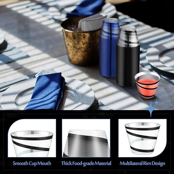 Gejoy 9 oz Rimmed Swirl Plastic Cups Disposable Wine Drinking Cups Clear Elegant Halloween Tumblers for Christmas Party Supplies(Black, Blue,100 Pcs)