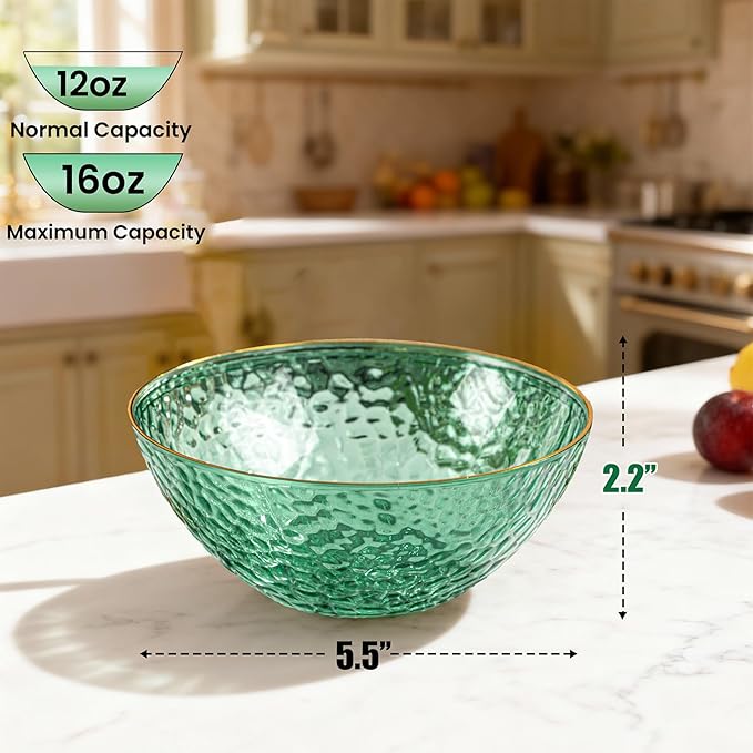 Rubtlamp 30 Pack Clear Green Disposable Bowls, Clear Plastic Bowls with Gold Rim, 12-16oz Premium Heavy Duty Plastic Dinner Bowls for Party&Holiday
