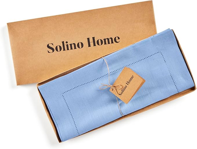 Solino Home Linen Cornflower Blue Hemstitch Table Runner 48 Inches - 100% Pure Linen Table Runner 14 x 48 Inch Ideal for Dresser and Coffee Tables - Classic Hemstitch - Spring, Easter