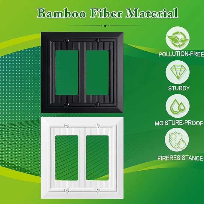 Beadboard Outlet Covers Wall Plates, Bamboo Fiber Light Switch Covers, Natural Material Electric Receptacle Decorative Switch Plate Outlet Cover Matte Black (2 Gang Decorator 2 Pack)