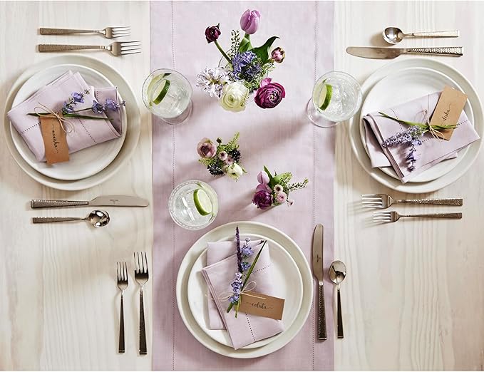 Solino Home Linen Lilac Table Runner 90 Inches Long - 100% Pure Linen Hemstitch 14 x 90 Inch Table Runner for Dining, Valentines, Spring, Easter - Classic Hemstitch