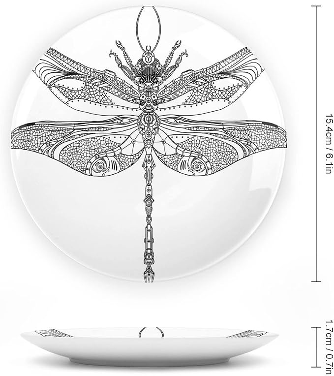 Ceramic Display Plate, Abstract Ceramic Hanging Decorative Plate, Animal Steampunk Dragonfly Pattern, 10 Inch, Living Room Kitchen Decoration Household, Black White