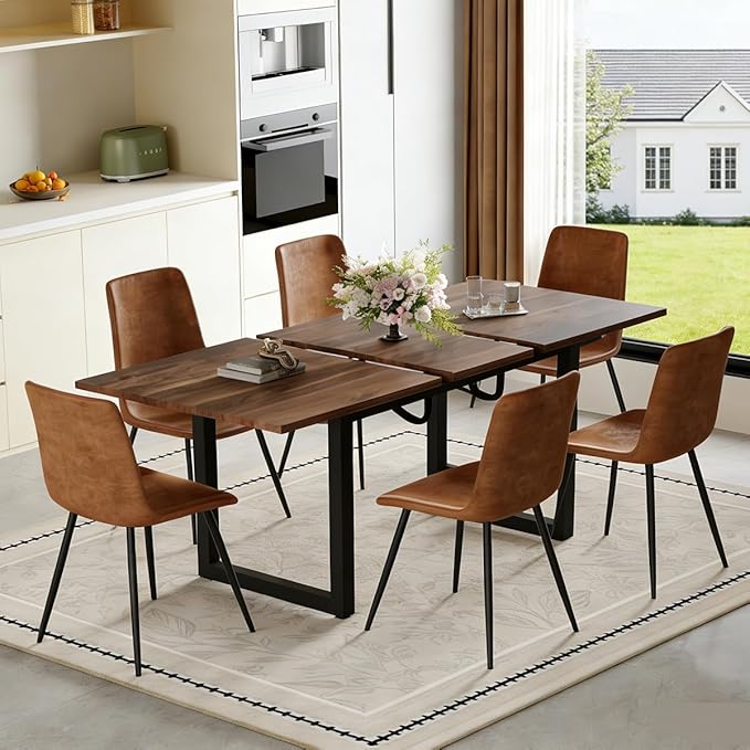 Dining Table Set for 6, 55"-71" Extendable Dining Room Table Set for 6, Modern Wood Kitchen Table with 6 Upholstered Chairs, Space-Saving for Dining Room Apartment, Easy Assembly