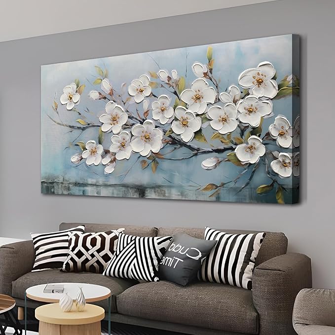 Anolyfi White Textured Flowers Wall Art for Living Room Canvas Wall Decor, Modern Elegant Landscape Wall Art for Dining Room Hallway Office Home 40"x20"