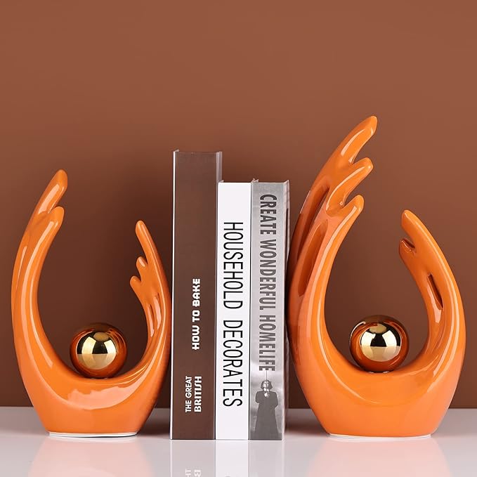 9.5" H Orange Gold Aesthetic Room Decor Accent, TV Stand Funky Table Centerpiece, Abstract Art Ceramic Statue and Sculpture, Orange Decor for Living Room, Bookshelf Decorative Objects, Shelf Decor