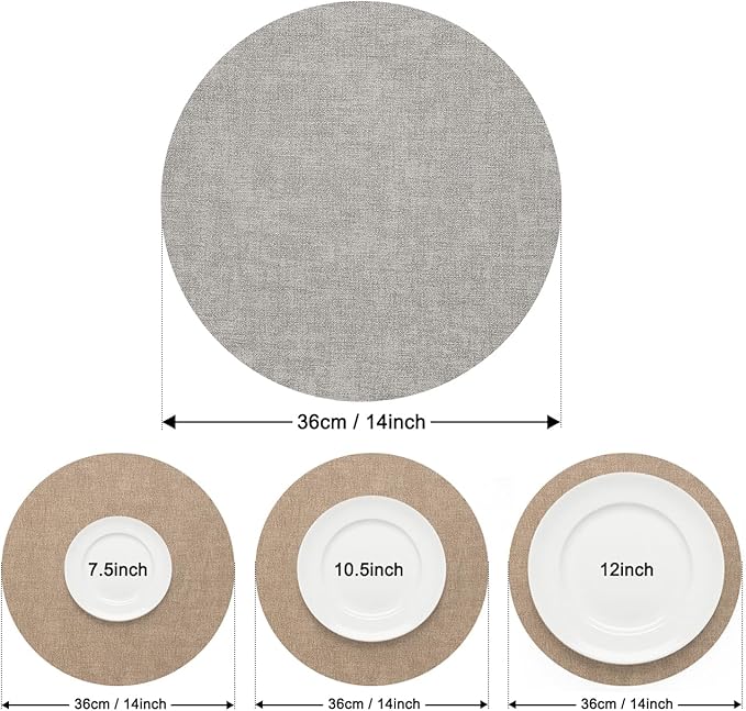Myir JUN Reversible Vinyl Round Placemats Set of 4, Faux Leather Place Mats Dual Sided Waterproof Oilproof Wipeable, Heat-Resistant Table Mats for Kitchen Dining Indoor Outdoor (14", Light Gray Beige)