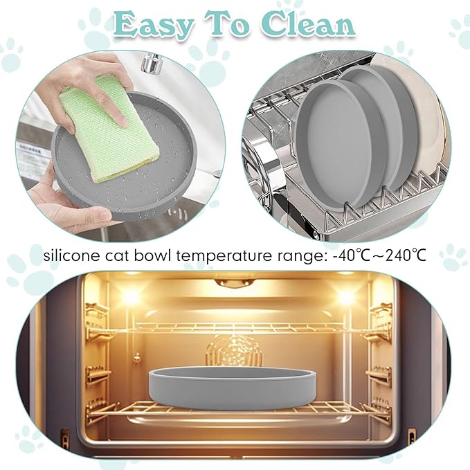 Silicone Cat Food Bowls Shallow Cat Dishes 5.9in Wide Pet Plates Set of 2 Small Flat Dog Saucer Bowl Cute Whisker Fatigue Kitten Feeding Dish for Dry & Wet Food (Round Grey)