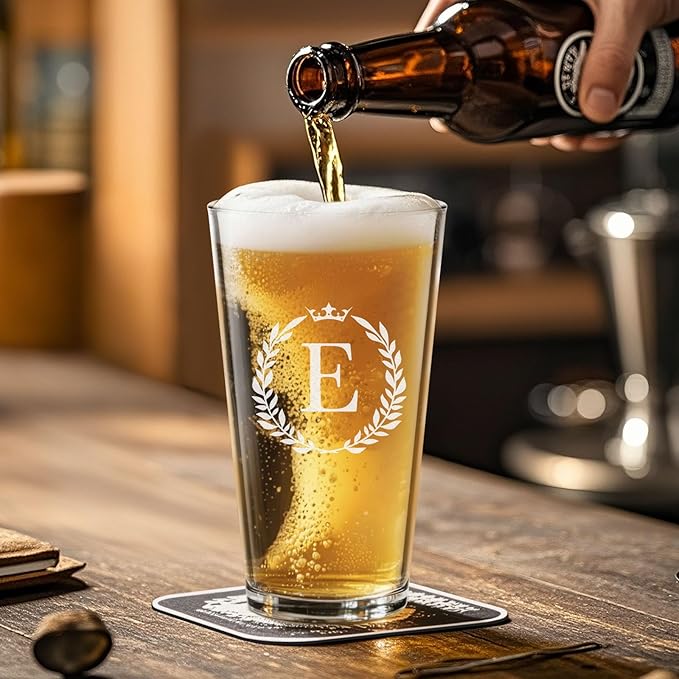 Personalized Beer Glasses Gifts for Men, 16 oz Pint Glasses Monogrammed A-Z Drinking Glass Cups Customized Gift, Unique Christmas Anniversary Birthday Gifts for Men Him Dad Brother Husband Grandpa (E)
