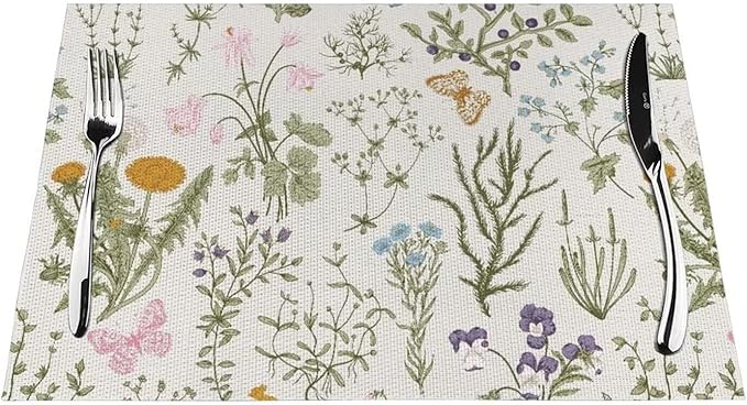 Placemats Set of 6 Vintage Wildflower Herbs Floral Rustic Butterfly Place Mats Floral Woven Table Mats Washable PVC Placemat for Dining Kitchen Decor Indoor Outdoor, 12 x 18 Inch