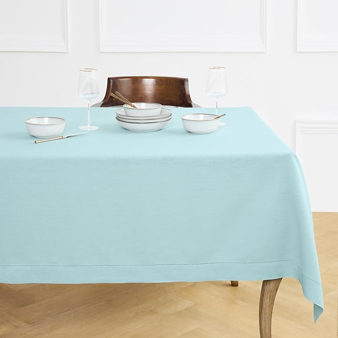 Solino Home Linen Tablecloth for Rectangle Tables 60 x 144 Inch - Classic Hemstitch 100% Pure Linen Aqua Blue Table Cloth - Machine Washable Cloth Tablecloth for Spring, Easter