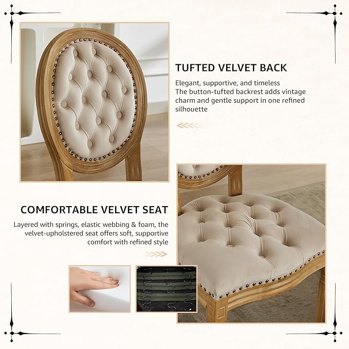 Vintage French Dining Chairs Set of 8, Round Back Velvet Upholstered Accent Chairs with Nailhead Trim and Solid Wood Frame, Elegant Sillas de Comedor for Dining Room & Kitchen, Beige