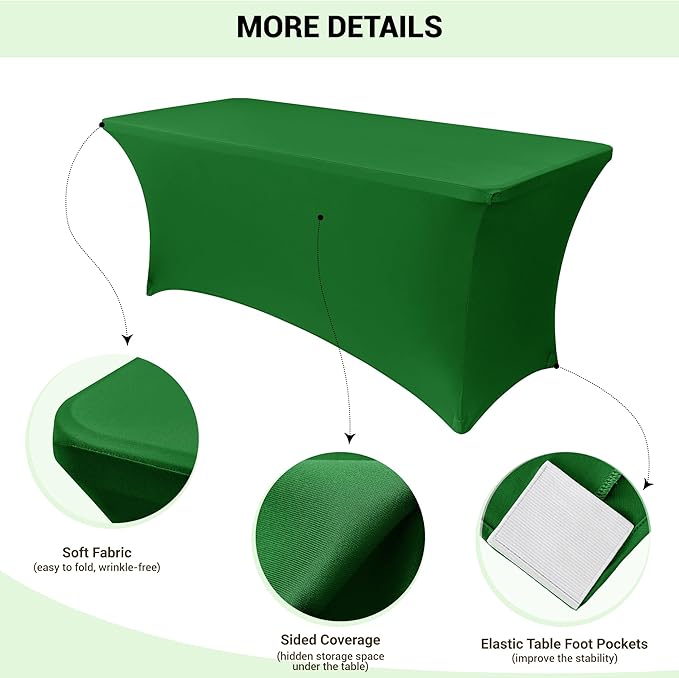Obstal 6 Pack Stretch Spandex Green Table Covers for 6 Foot Tables - 6 FT Universal Rectangular Fitted Tablecloth Protector for Wedding, Banquet, Party, 72 Length x 30 Width x 30 Height Inches