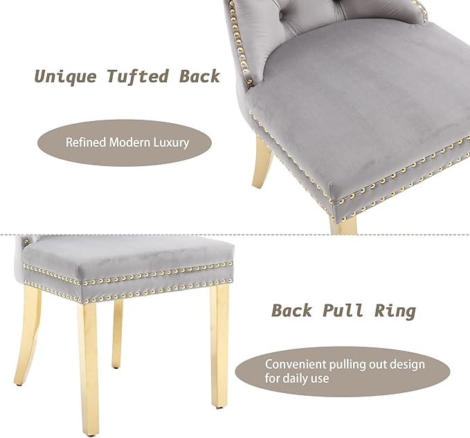 KCC Velvet Dining Chairs Set of 6, Upholstered High-end Tufted Dining Chair with Nailhead Back Ring Pull Trim Stainless Steel Legs, Contemporary Nikki Collection Modern Style for Kitchen, Light Gray
