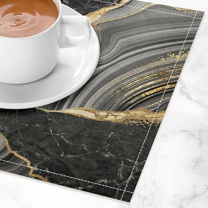 Marble Linen Placemats Set of 4, Modern Abstract Foil Stone Texture Black Gold Grey Marble Washable Cloth Place Mats, Non-Slip Dining Table Placemats for Home Kitchen Party Banquets Decor 12x17 Inch