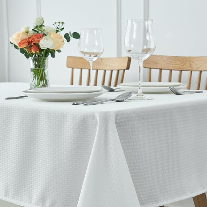 maxmill Weaved Texture Rectangle Tablecloth Water Resistant Wrinkle Free Spill-Proof, Soft Table Cloth for Dining Room Decoration, Banquet Parties Event Holiday Dinner, 60 x 84 Inch White