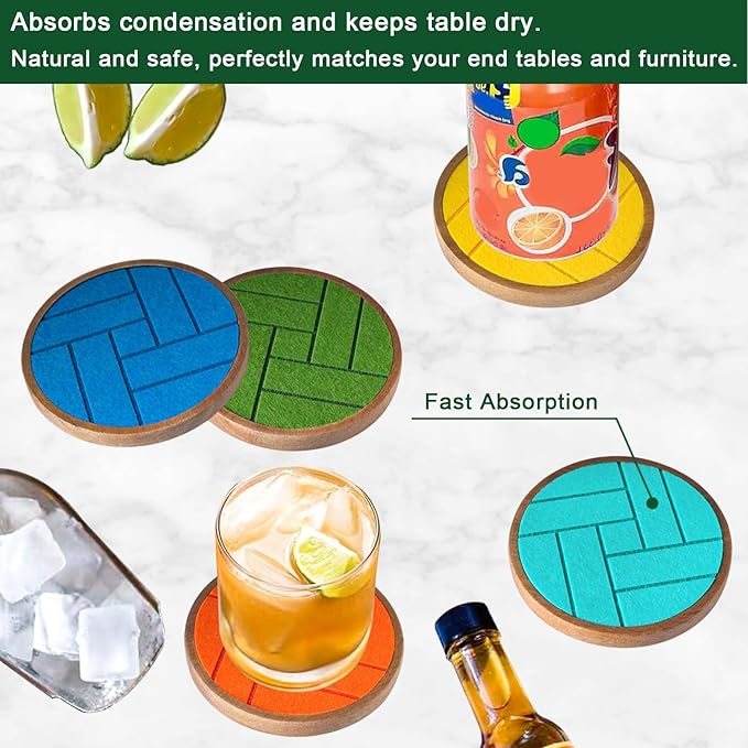 Coasters for Drinks Absorbent 5 Pack, Wood Coasters with Felt Pads, Drink Coasters for Coffee Tabletop Protection, Non-Slip, Non-Stick, Suit for Kinds of Cups 4.3 inch Colorful