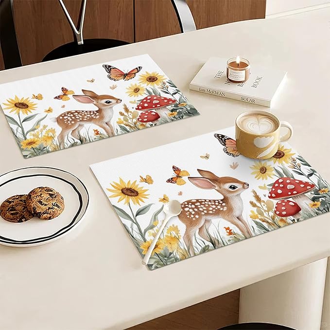 Cute Deer Placemats Set of 6, Sunflower Butterfly Place Mats, Sika Deer Waterproof Washable Table Mats for Home Party Indoor Kitchen Dining Table Decoration 12x18 Inch
