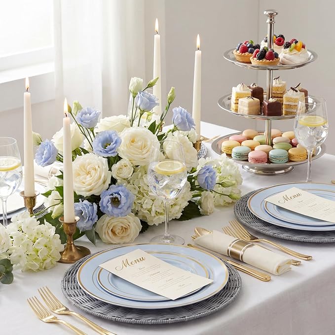 175PCS Blue Plates Disposable - Baby Blue Plastic Plates - 25Guests Plastic Dinnerware with Rolled Napkins for Wedding/Birthday/Baby Shower/Easter