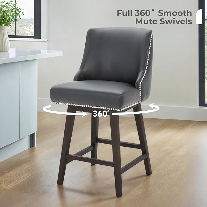 CHITA Counter Height Swivel Bar Stools Set of 4, FSC Certified Upholstered Counter Stools, Modern Swivel Barstools with Wood Legs for Kitchen Island, 26" Seat Height, Faux Leather in Black