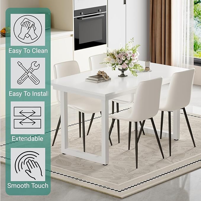 Extendable Dining Table Set for 8, 55"–71" Modern White Kitchen Table with 8 Upholstered Chairs, Space-Saving for Living Room Apartment, Sturdy & Comfortable, Easy Assembly