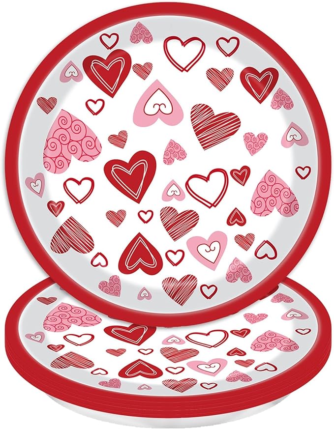 24Pcs Valentines Paper Plates Red Lovely Heart Love Dessert Disposable Paper Plates for Engagements Weddings Anniversary Birthday Tableware Party Supplies Decorations