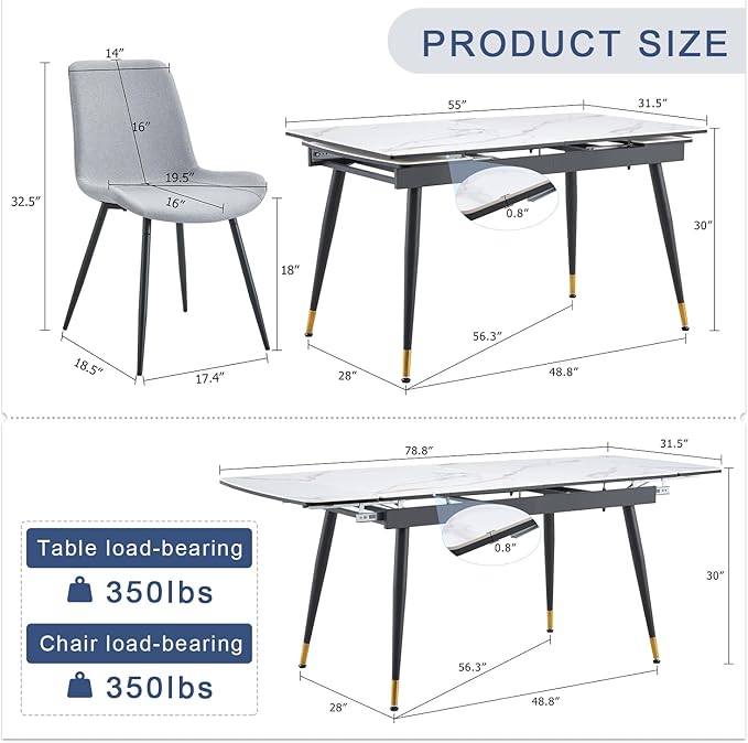 Extendable Dining Table Set for 4, 55'' to 78.8'' Rectangular Thickened Sintered Stone Kitchen Table with 4 Upholstered Chairs, Modern Space Saving 5-Piece Dinner Table Set