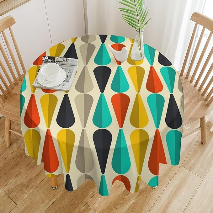 Vintage Bohemian Mid Century Round Tablecloth, Retro 50s 60s Geometric Pattern Print Tablecloth for Home Party Dining Room Kitchen Decor 60Inch(152cm)