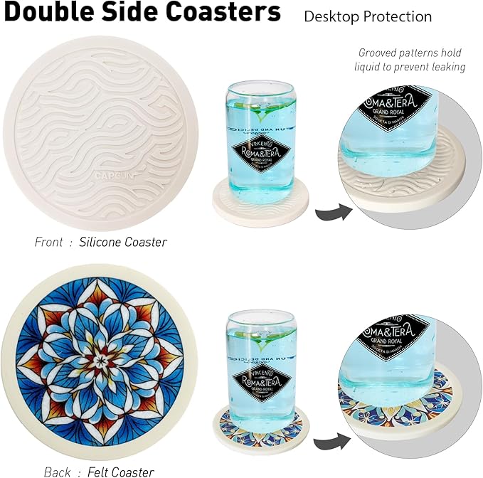 Mandala Non-Slip Silicone Coasters, 4-Pack Double-Sided Absorbent Cup Mats for Hot & Cold Drinks, Scratch & Water Ring Protection for Wood Tables, Home Office Bar Use (4PC Wanda La)