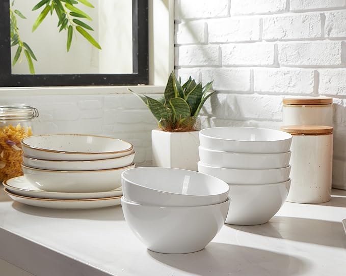 ONEMORE White Ceramic Bowls Set of 6, 24 oz Soup and Cereal Bowl- Microwave & Dishwasher Safe, Porcelain Dinner Bowls, Individual Salad Serving Bowl, Deep Interior, Scratch-Resistance, Stackable