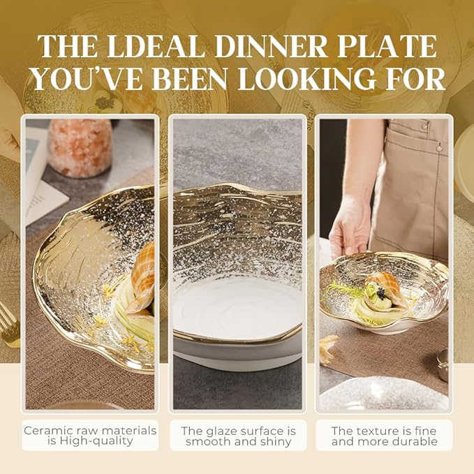 Gradient Gold Artistic Ceramic Bowl Set of 4, 9.3-Inch Lotus Edge Porcelain Bowls with Starburst Design, 23.5cm Food-Safe Dining & Gift Bowls