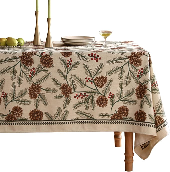 ISAENNE Designer Christmas Beige Linen Extra Long Tablecloth Rectangle,Pinecones Pattern Indoor Table Cloths,Washable Decor Tablecloths for Dining Thanksgiving Kitchen,63"*110"-Carol B