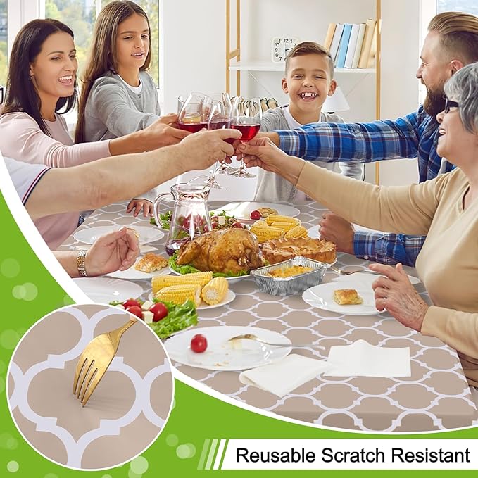 Smiry Rectangle Table Cloth, Wipeable Spillproof Plastic Tablecloths for Dining, Waterproof Vinyl Tablecloth with Flannel Backing for Rectangle Tables, Camping, Outdoor and Indoor (70"x120", Khaki)