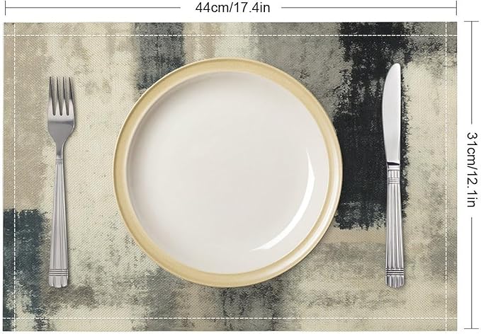 Gradient Placemat Set, Modern Minimal Fashion Abstract Beige Grey Blue Art Oil Painting Brush Strokes Patchwork Pattern Home Decor Linen Table Mats for Dining Room Kitchen Party (17x12in) x4P