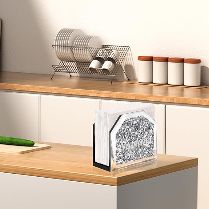 Wocred Mirror Napkin Holder,Crystal Crushed Diamond Vertical Holder,Cute Tissue Holder Holds Napkins Upright for Bathroom，Dining Table，Kitchen Table.(5.9”X5.9”X3”)