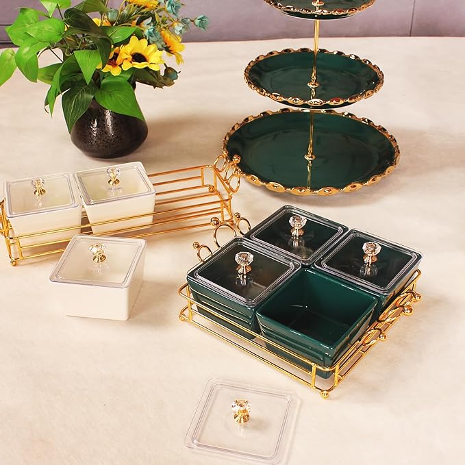YA JU Ceramic Bowls and with Lid Gold Basket Trays, 6 Removable Small Bowls Condiment Trays Nut Serving Set for Snacks, Fruits, Candy and Condiments - Great for Parties, Holiday Gifts, Green