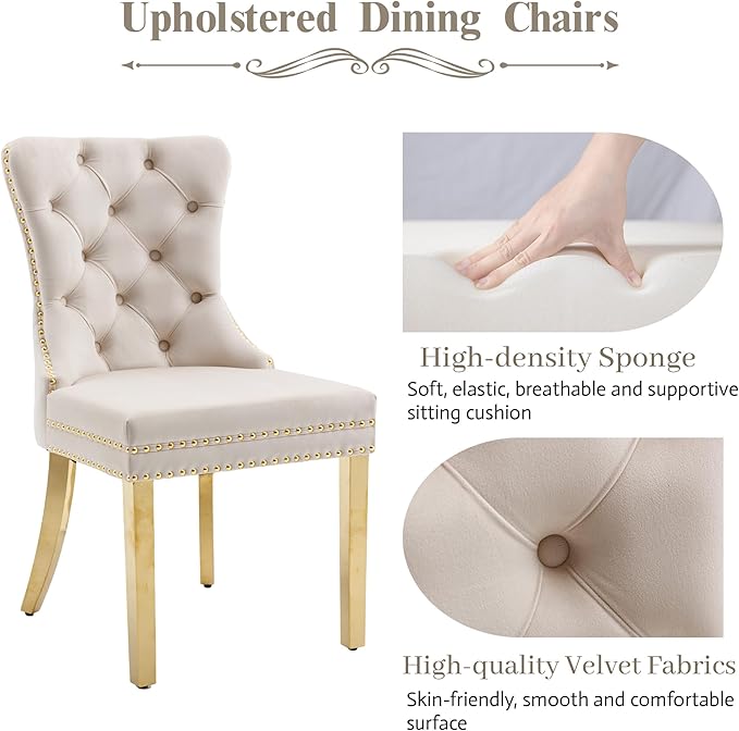 KCC Velvet Dining Chairs Set of 4, Upholstered High-end Tufted Dining Chair with Nailhead Back Ring Pull Trim Stainless Steel Legs, Contemporary Nikki Collection Modern Style for Kitchen, Beige