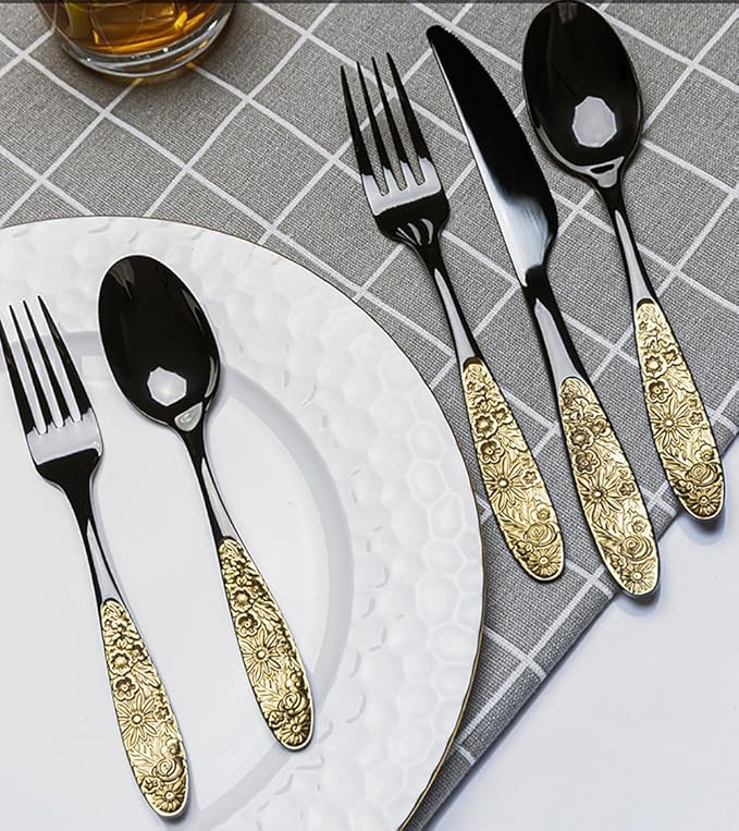 TWEE Black Gold Silverware Set for 4 Unique 18/10 Stainless Steel 20 Flatware Set Beautifully Embossed Floral Pattern Mirror Polished Kitchen Utensils Set for Home Restaurant Tableware