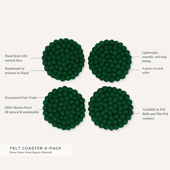 Humble Hilo Handmade Felt Coaster, 3.9 inches, Set of 4 (Black)