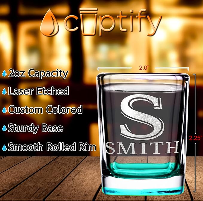 Personalized Square Shot Glasses Set of 8 Teal Bottom 2oz Engraved Initial and Name Custom Gifts, Weddings, Birthdays, Party, Event, Decorations