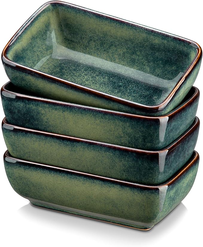 vancasso Stern 6 Oz Dipping Bowls, 4.5 Inches Ceramic Soy Sauce Dish, Rectangular Side Dishes, Small Appetizer Plates Set of 4, Green
