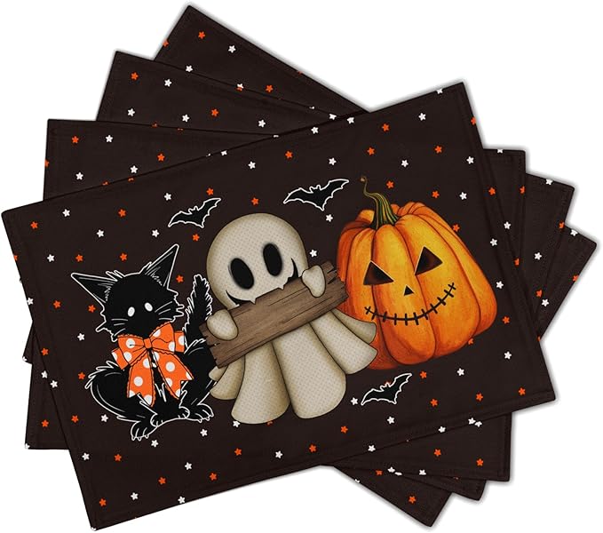 Giwawa Halloween Placemats Set of 4 Spooky Pumpkin Ghost Black Cat Bats Place Mat 12x18inch for Kitchen Tabletop Indoor Outdoor Non Slip Heat Resistant Table Mats for Dining Holiday Decor