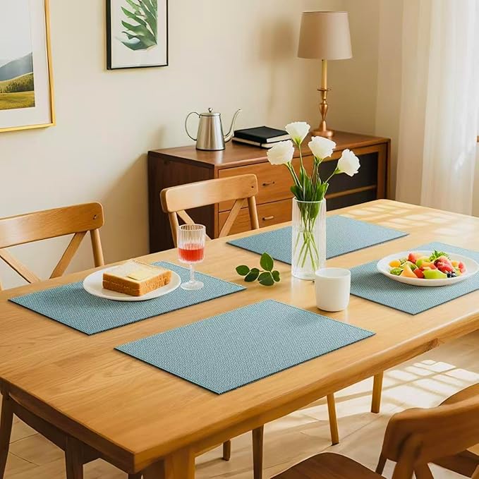 Blue Forest Placemats Set of 4, Dual-Layered Thickened Faux Linen Table Mats Heat Resistant Machine Washable Wrinkle Free Place Mats for Kitchen Dining Outdoor/Indoor (Sky Blue)
