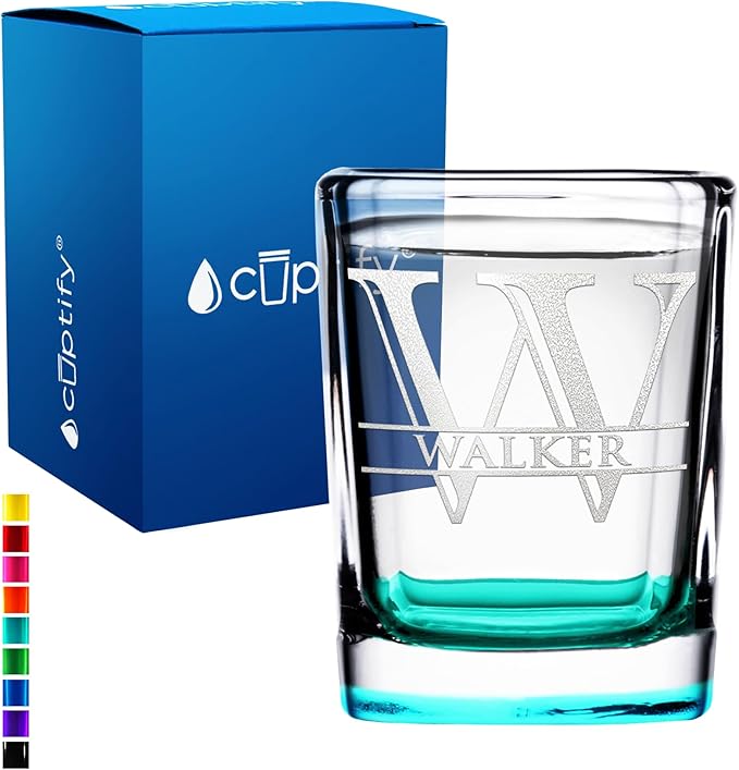 Personalized Square Shot Glasses Teal Bottom 2oz Engraved Initial and Name Custom Gifts, Weddings, Birthdays, Party, Event, Decorations