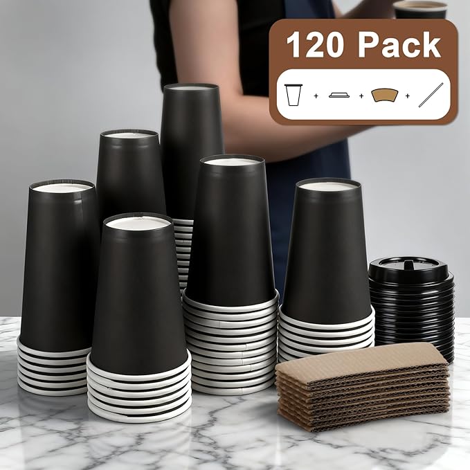 120 Pack 16 oz Paper Coffee Cups Set, Disposable Black Coffee Cups with Lids, Sleeves and Stirring Sticks, Fit For Cold and Hot Drinks
