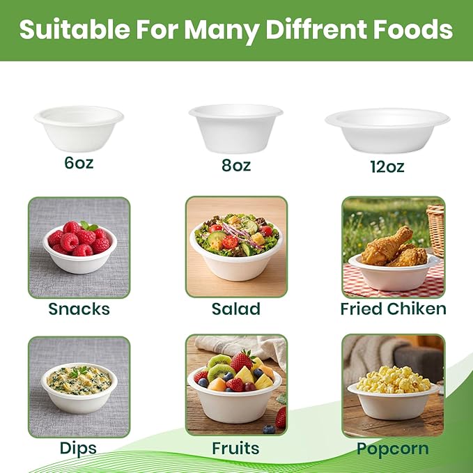 Disposable Paper Bowls, 8oz 500 Pack, Compostable Heavy-Duty Biodegradable Sugarcane Bowls – Eco-Friendly, Bagasse Bowl for Soup, Salad, Dessert & More